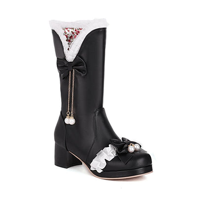 Women's Lace Bow Tie Pearls Block Chunky Heel Platform Knee-High Boots