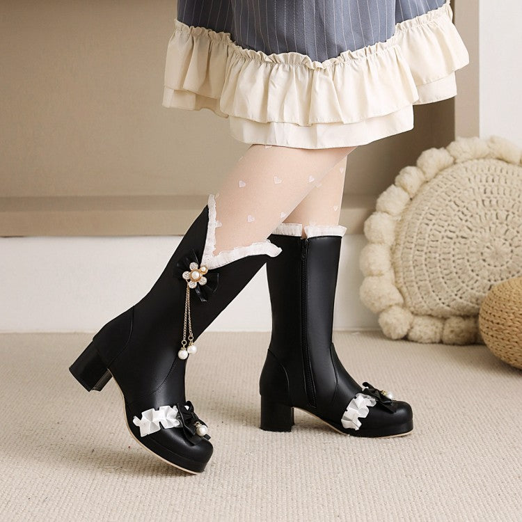 Women's Lace Bow Tie Pearls Block Chunky Heel Platform Knee-High Boots