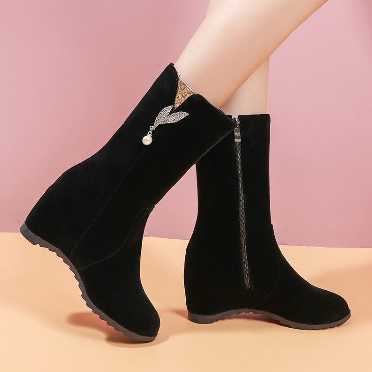 Women's Flock Round Toe Rhinestone Pearls Inside Heighten Ankle Boots