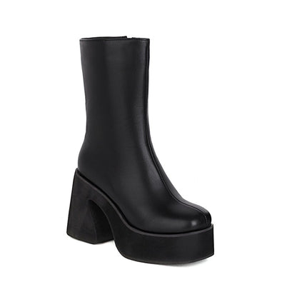 Women's Bicolor Pu Leather Square Toe Side Zippers Block Chunky Heel Platform Mid Calf Boots