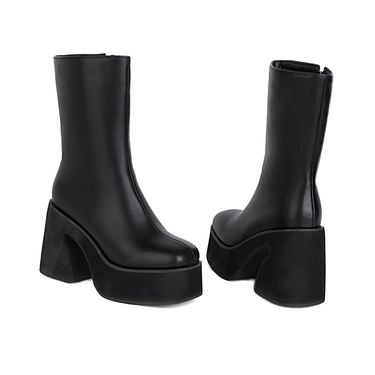 Women's Bicolor Pu Leather Square Toe Side Zippers Block Chunky Heel Platform Mid Calf Boots