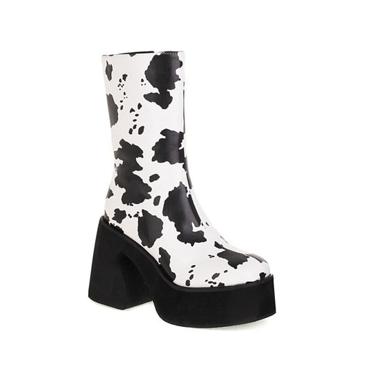 Women's Bicolor Pu Leather Square Toe Side Zippers Block Chunky Heel Platform Mid Calf Boots