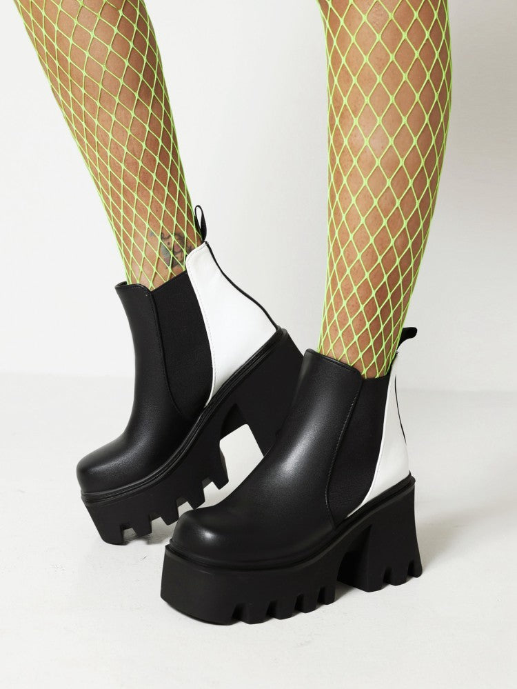 Women's Bicolor Pu Leather Square Toe Stretch Block Chunky Heel Platform Short Boots