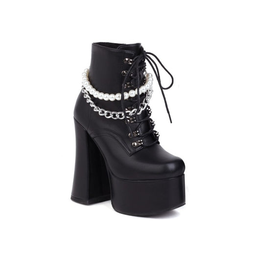 Women's Pu Leather Round Toe Pearls Metal Chains Lace Up Block Chunky Heel Platform Ankle Boots