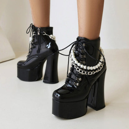 Women's Pu Leather Round Toe Pearls Metal Chains Lace Up Block Chunky Heel Platform Ankle Boots