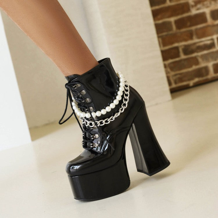 Women's Pu Leather Round Toe Pearls Metal Chains Lace Up Block Chunky Heel Platform Ankle Boots