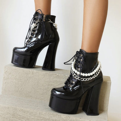 Women's Pu Leather Round Toe Pearls Metal Chains Lace Up Block Chunky Heel Platform Ankle Boots