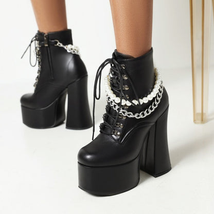 Women's Pu Leather Round Toe Pearls Metal Chains Lace Up Block Chunky Heel Platform Ankle Boots