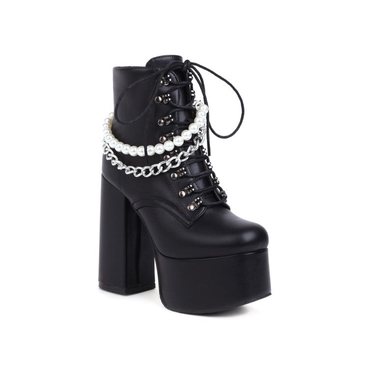 Women's Pu Leather Lace Up Metal Pearls Chains Block Chunky Heel Platform Riding Ankle Boots