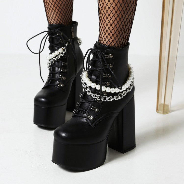 Women's Pu Leather Lace Up Metal Pearls Chains Block Chunky Heel Platform Riding Ankle Boots