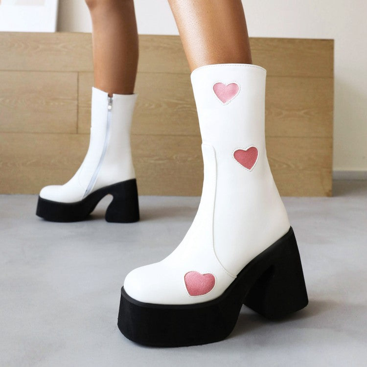 Women's Pu Leather Square Toe Side Zippers Love Hearts Block Chunky Heel Platform Short Boots