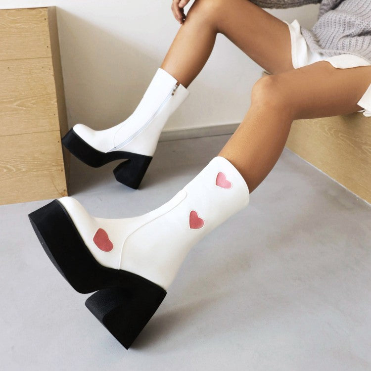 Women's Pu Leather Square Toe Side Zippers Love Hearts Block Chunky Heel Platform Short Boots