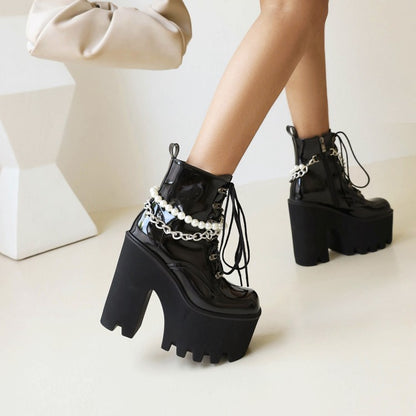 Women's Pu Leather Lace Up Metal Pearls Chains Block Chunky Heel Platform Riding Ankle Boots