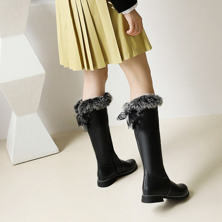 Women's Side Zippers Fur Chunky Heel Knee-High Boots
