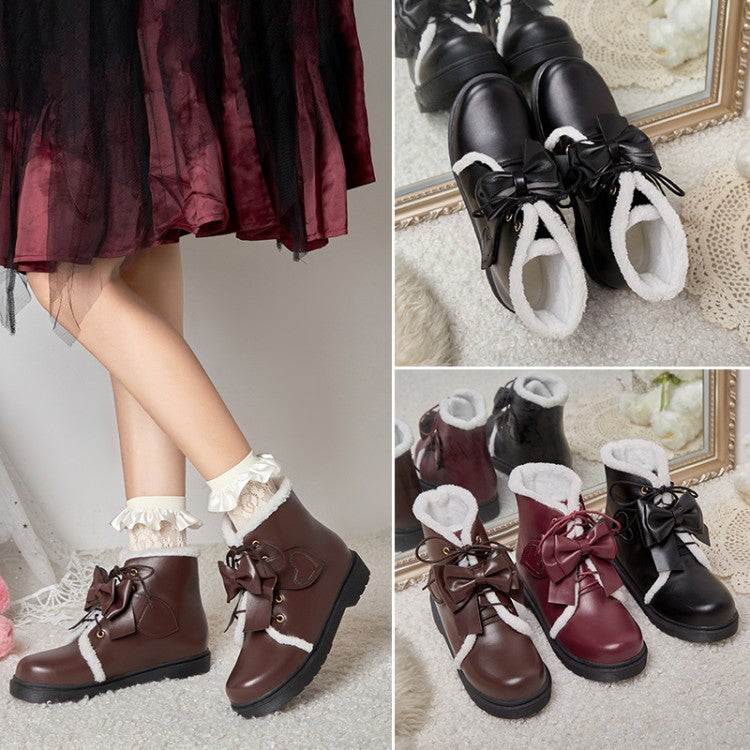 Women's Lolita Pu Leather Round Toe Bow Tie Lace Up Flat Ankle Boots