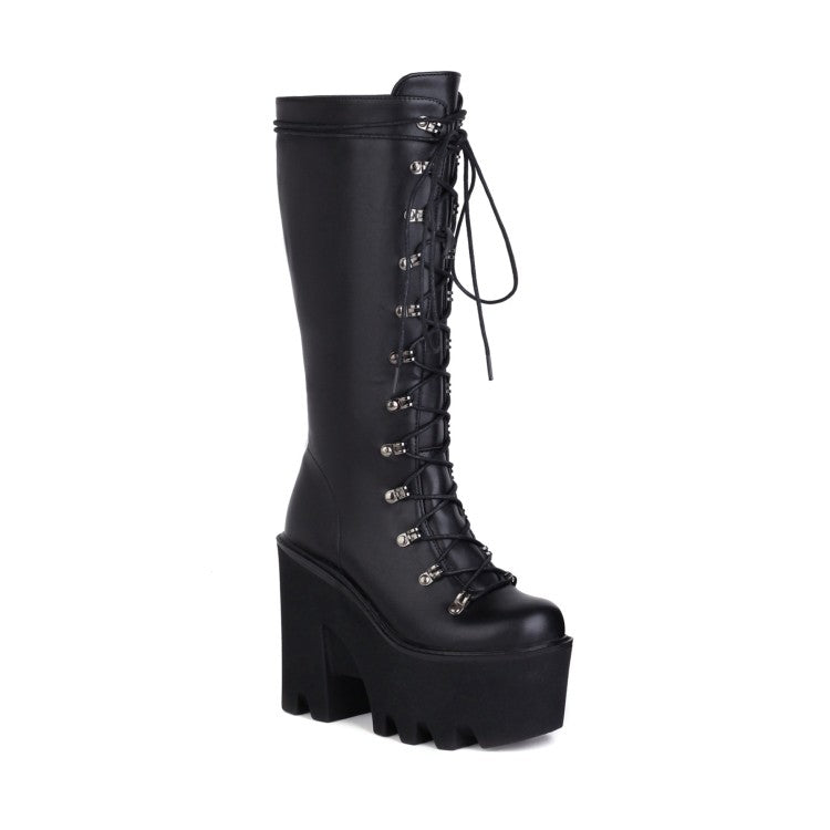 Women's Glossy Round Toe Lace Up Block Chunky Heel Platform Mid-calf Boots