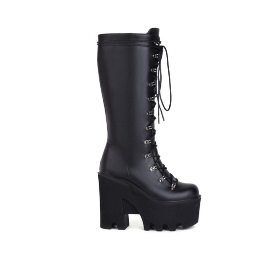 Women's Glossy Round Toe Lace Up Block Chunky Heel Platform Mid-calf Boots