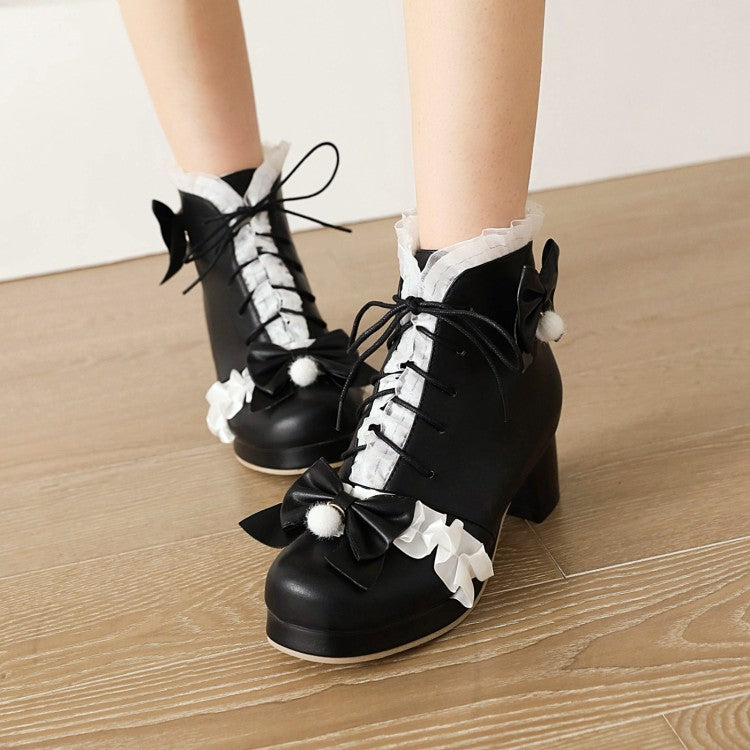 Women's Lace Bow Tie Tied Straps Block Chunky Heel Platform Ankle Boots