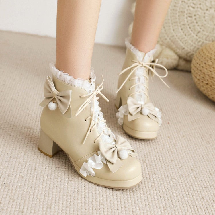 Women's Lace Bow Tie Tied Straps Block Chunky Heel Platform Ankle Boots