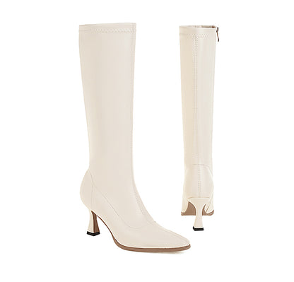 Women's Pointed Toe Side Zippers Spool Heel Knee-High Boots