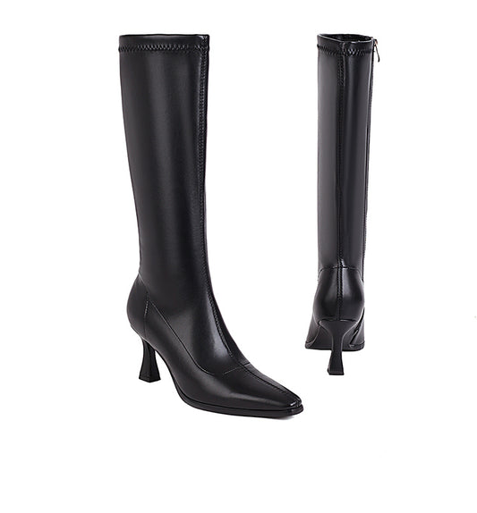 Women's Pointed Toe Side Zippers Spool Heel Knee-High Boots