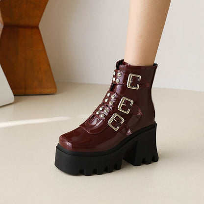 Women's Glossy Square Toe Rivets Buckle Straps Block Chunky Heel Platform Short Boots