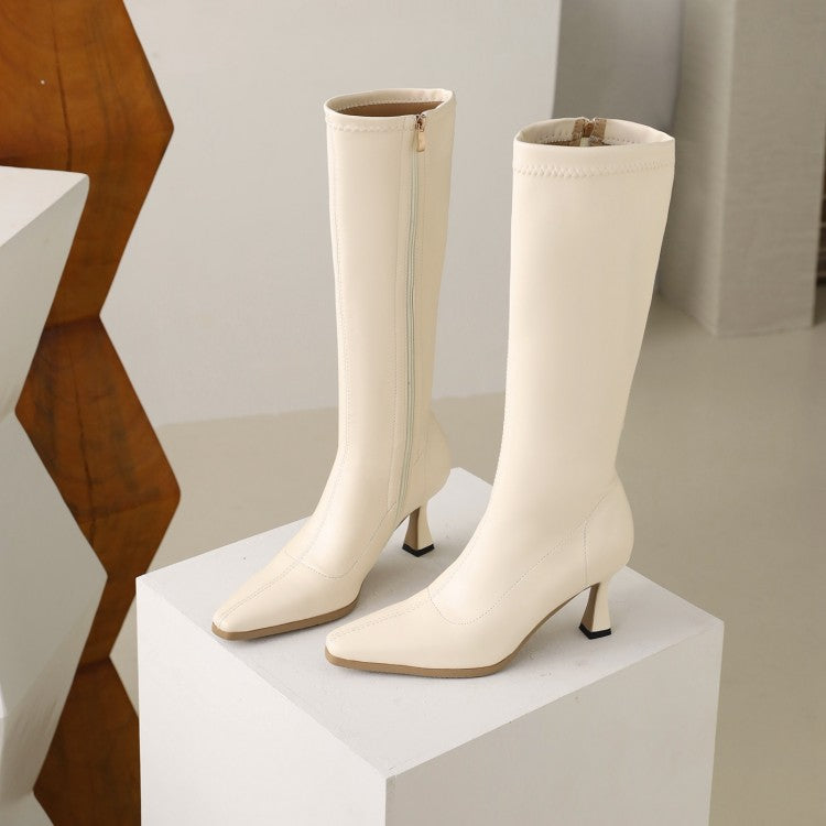 Women's Pointed Toe Side Zippers Spool Heel Knee-High Boots
