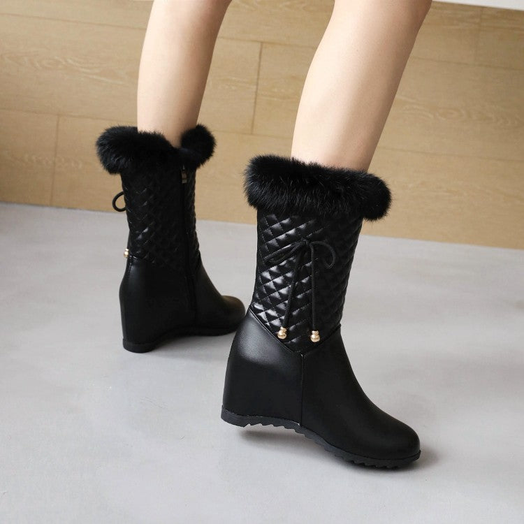 Women's Pu Leather Round Toe Lattice Fur Side Zippers Inside Heighten Mid Calf Boots