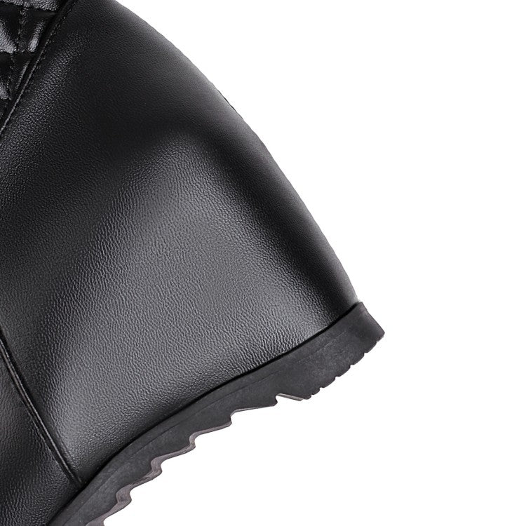 Women's Pu Leather Round Toe Lattice Fur Side Zippers Inside Heighten Mid Calf Boots