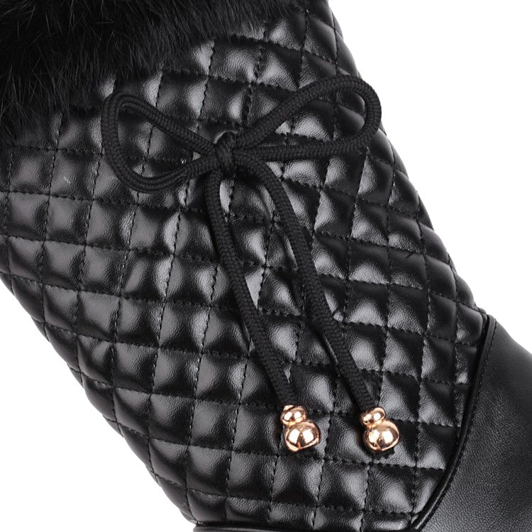 Women's Pu Leather Round Toe Lattice Fur Side Zippers Inside Heighten Mid Calf Boots