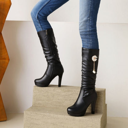 Women's Pearls Sunflower Side Zippers Block Chunky Heel Platform Knee High Boots