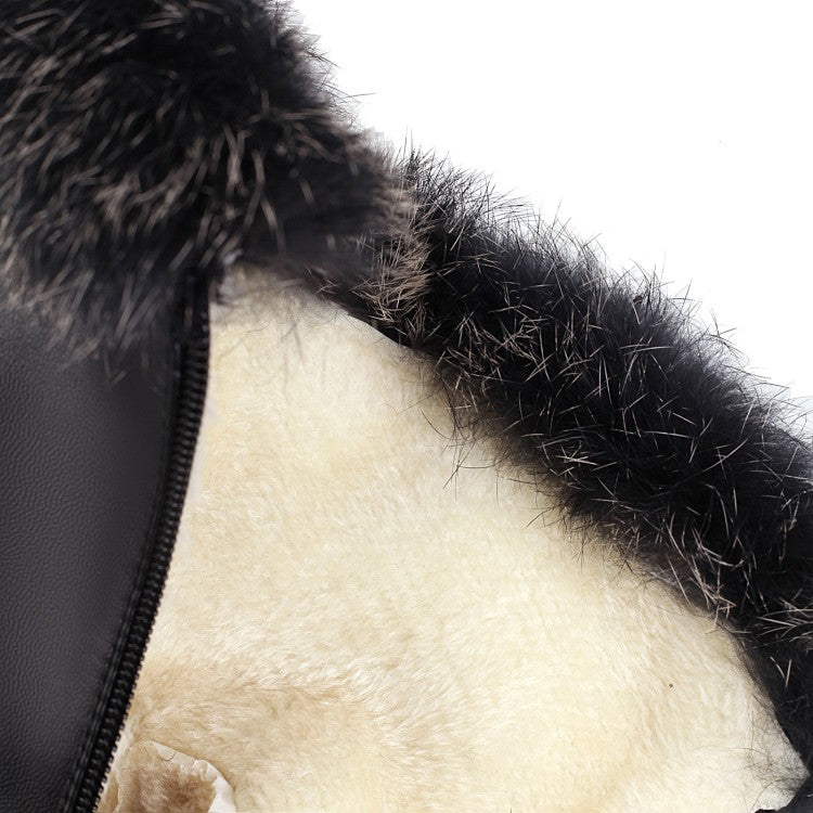 Women's Pu Leather Round Toe Fur Side Zippers Inside Heighten Wedge Heel Mid Calf Boots