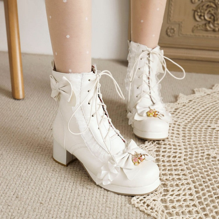 Women's Lace Bow Tie Pearls Block Chunky Heel Ankle Boots