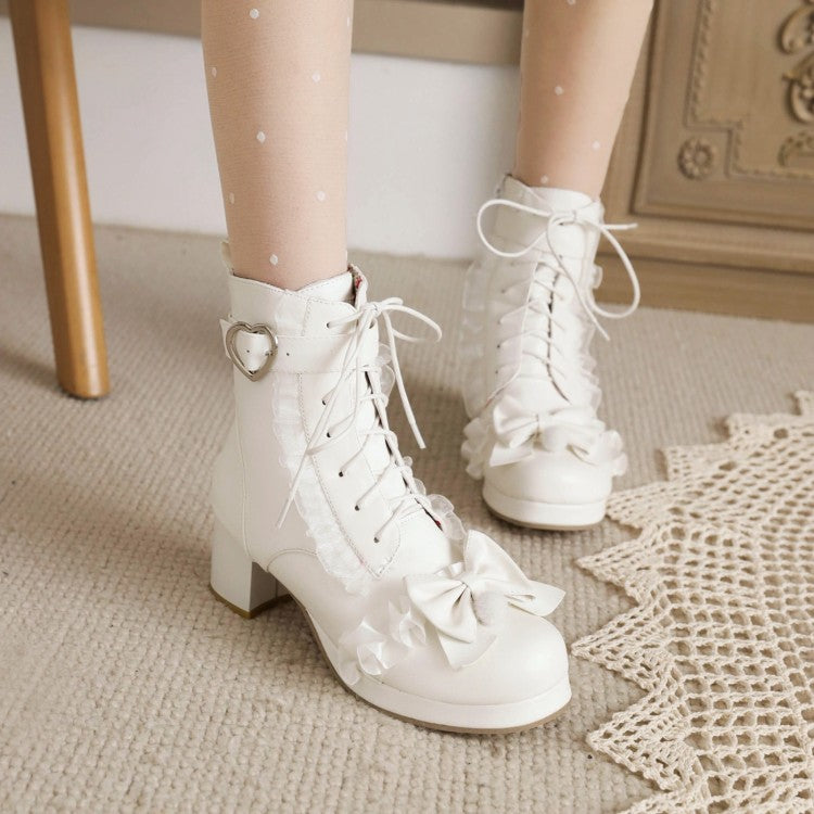 Women's Lace Bow Tie Pearls Block Chunky Heel Ankle Boots