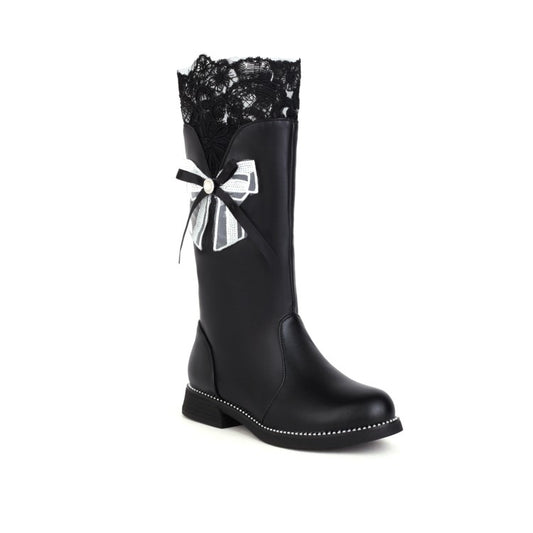 Women's Lace Bow Tie Low Heels Knee-High Boots