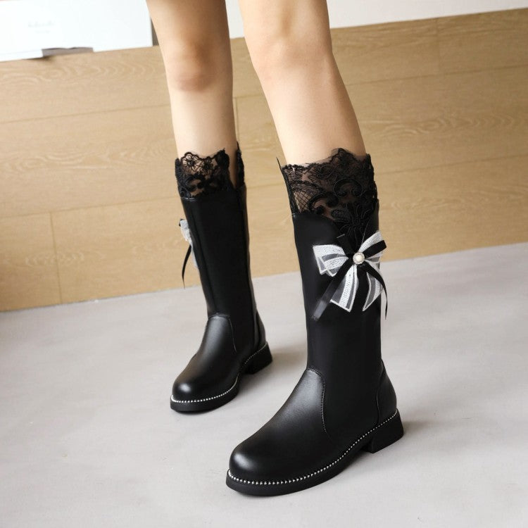 Women's Lace Bow Tie Low Heels Knee-High Boots