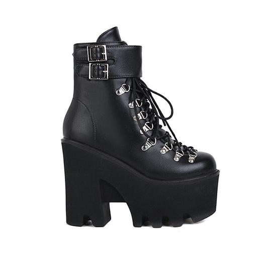 Women's Pu Leather Round Toe Metal Rivets Lace Up Buckle Straps Block Chunky Heel Platform Ankle Boots