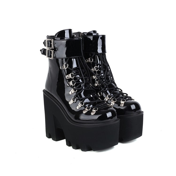 Women's Pu Leather Round Toe Metal Rivets Lace Up Buckle Straps Block Chunky Heel Platform Ankle Boots
