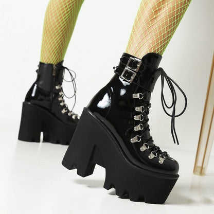 Women's Pu Leather Round Toe Metal Rivets Lace Up Buckle Straps Block Chunky Heel Platform Ankle Boots