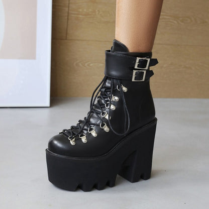 Women's Pu Leather Round Toe Metal Rivets Lace Up Buckle Straps Block Chunky Heel Platform Ankle Boots