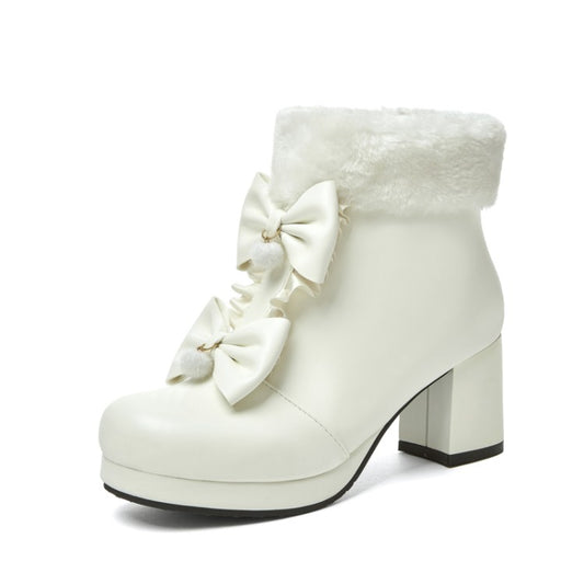 Women's Booties Lolita Round Toe Bows Block Chunky Heel Platform Ankle Boots
