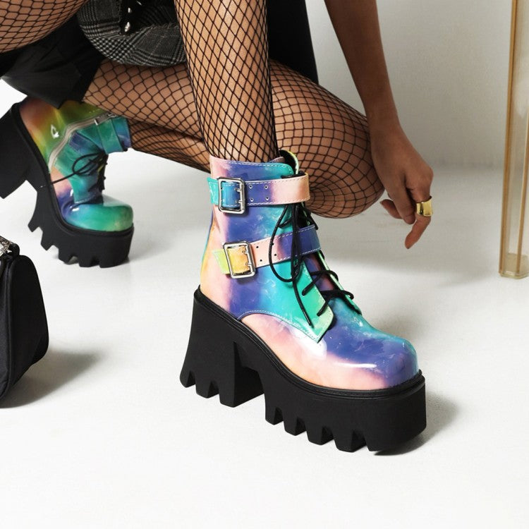 Women's Colorful Square Toe Lace Up Buckle Straps Side Zippers Block Chunky Heel Platform Short Boots