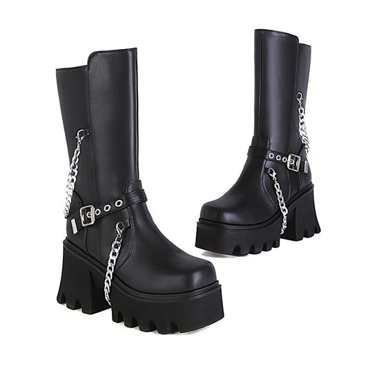 Women's Glossy Square Toe Metal Chains Buckle Straps Side Zippers Block Chunky Heel Platform Mid Calf Boots