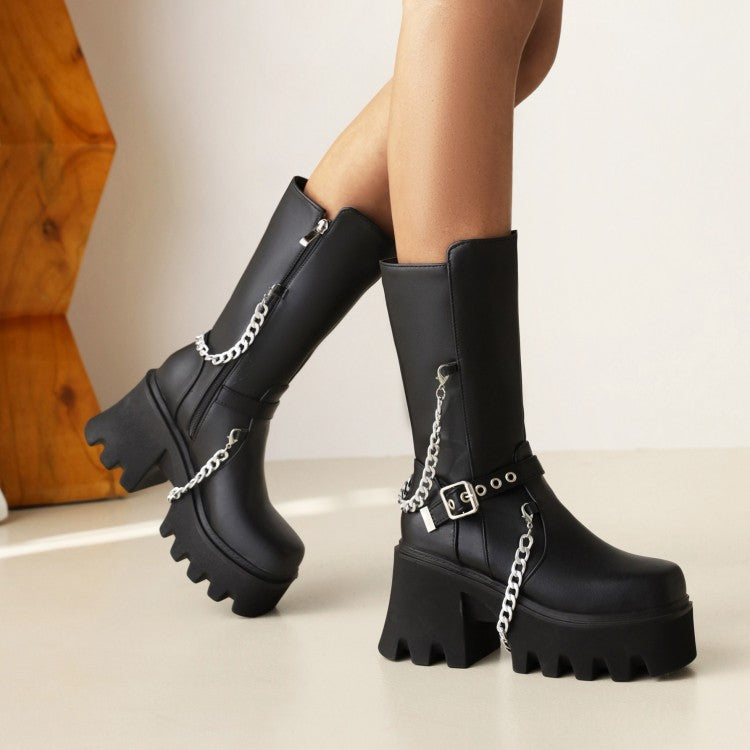 Women's Glossy Square Toe Metal Chains Buckle Straps Side Zippers Block Chunky Heel Platform Mid Calf Boots