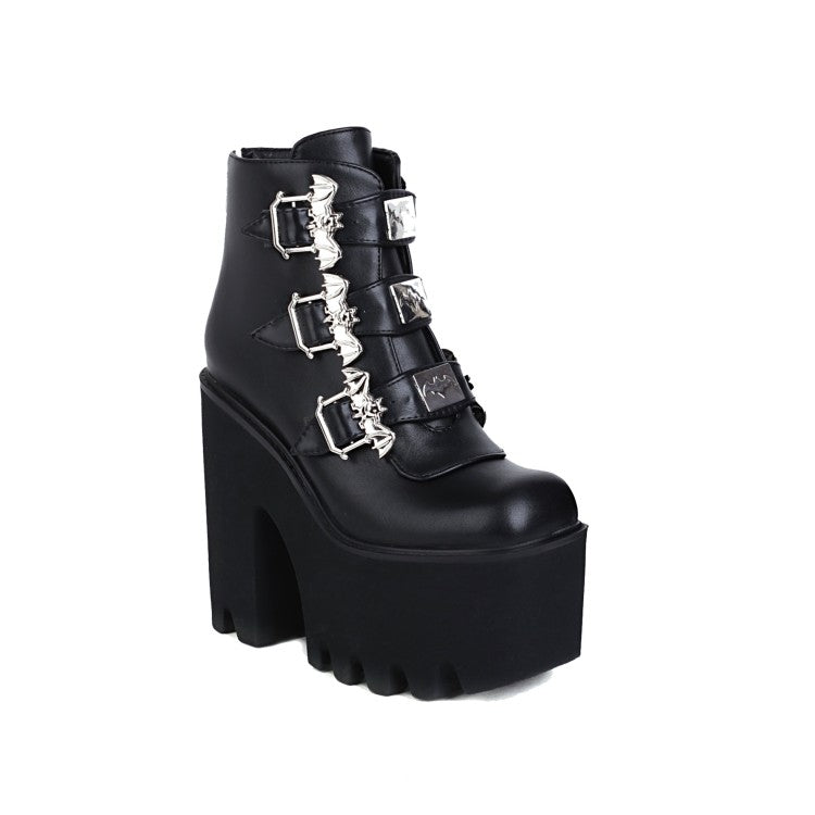 Women's Pu Leather Square Toe Metal Rivets Buckle Straps Block Chunky Heel Platform Ankle Boots