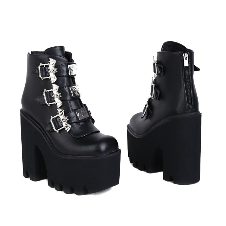 Women's Pu Leather Square Toe Metal Rivets Buckle Straps Block Chunky Heel Platform Ankle Boots
