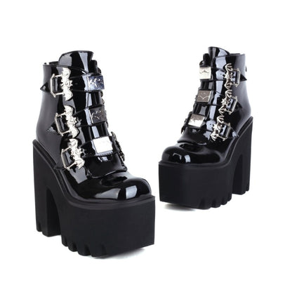 Women's Pu Leather Square Toe Metal Rivets Buckle Straps Block Chunky Heel Platform Ankle Boots