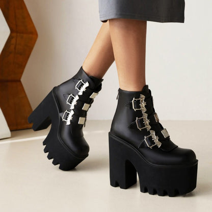 Women's Pu Leather Square Toe Metal Rivets Buckle Straps Block Chunky Heel Platform Ankle Boots