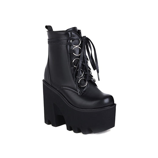 Women's Glossy Round Toe Lace Up Block Chunky Heel Platform Ankle Boots