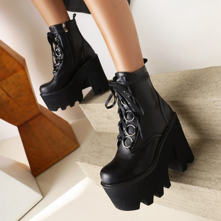 Women's Glossy Round Toe Lace Up Block Chunky Heel Platform Ankle Boots